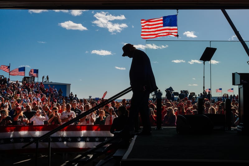 Donald Trump during a campaign rally at the Dodge County Airport in Juneau, Wisconsin. Photograph: Jamie Kelter Davis/New York Times