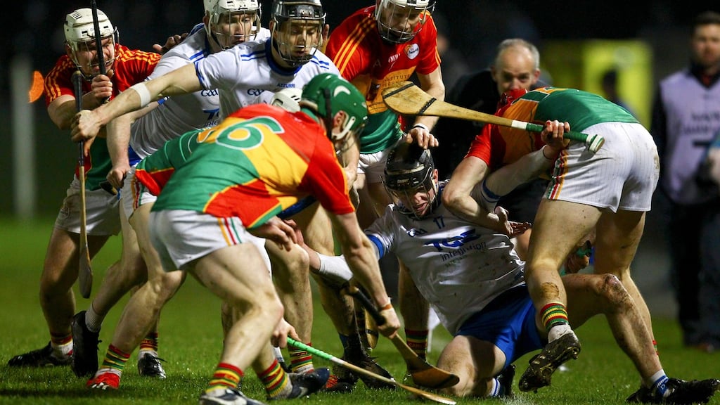 Waterford and Carlow players battle for possession during the Allianz Hurling League Division 1B game at Fraher Field. Photograph: Ken Sutton/Inpho