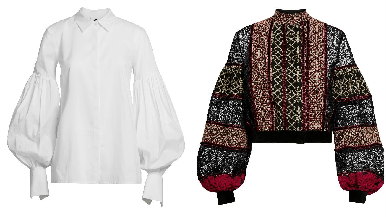 White shirt with exaggerated sleeve (€49.99), jumper (€99)