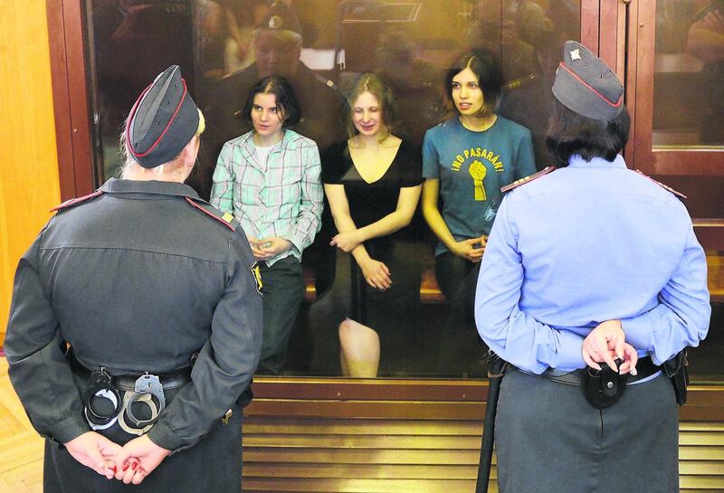 Members of 
the all-girl punk band “
Pussy Riot
”
: Yekaterina Samutsevich, Maria Alyokhina and Nadezhda Tolokonnikova. 

photograph: getty