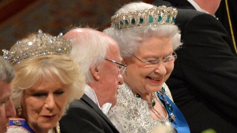 President Michael D. Higgins and Queen Elizabeth during the banquet held at Windsor Castle during the state visit of President Higgins. Photograph: Alan Betson / The Irish Times