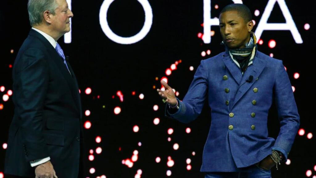 Nobel Peace Prize laureate Al Gore with Pharrell Williams: Woolworth’s, with whom  Williams is collaborating, has trade ties with Israel. Photograph: Ruben Spric/Reuters