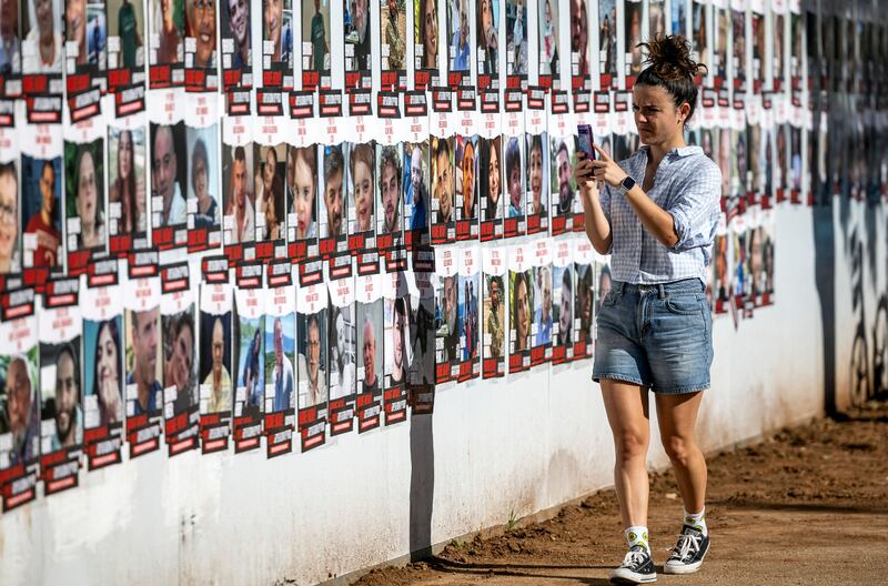 Portraits of Israeli hostages abducted by Palestinian militants in the October 7th attack. Photograph: Getty Images