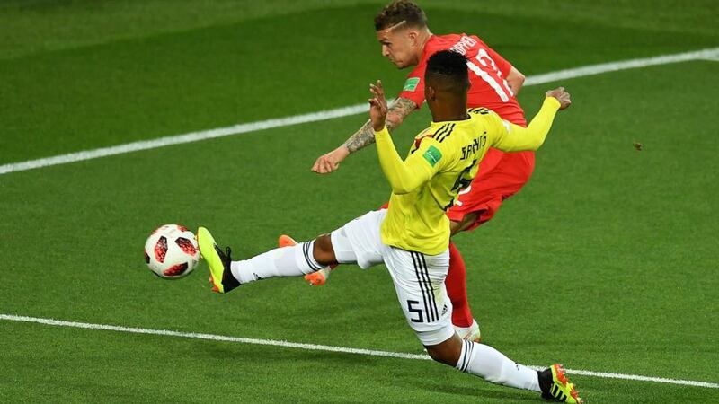 England’s   Kieran Trippier  gets a cross in against Colombia. Photograph: Getty Images