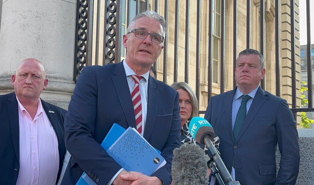 GAA president, Jarlath Burns, speaks in support of the family of Sean Brown following a meeting with Tánaiste Simon Harris at government buildings in Dublin. Photograph: Rebecca Black/ PA Wire
