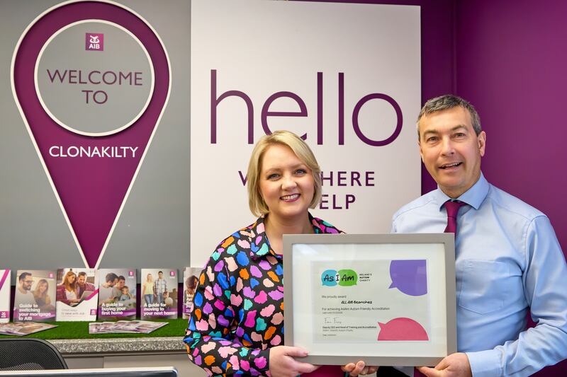 Emma Connolly, occupational therapist, owner of inclusive hair salon Flourish and Be, and AIB customer, pictured with Stephen Rowe, branch manager, AIB Clonakilty, Co Cork. Photograph: Barbara Egan/Reportage Creative