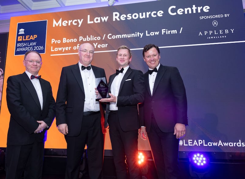 Richard Hammond, solicitor and partner at Hammond Good and chair of the judging panel of the Leap Irish Law Awards; Mark Appleby, managing director at Appleby Jewellers; Siobhban, Mercy Law resource centre; and Anton Savage, MC of the night. Photograph: Paul Sherwood