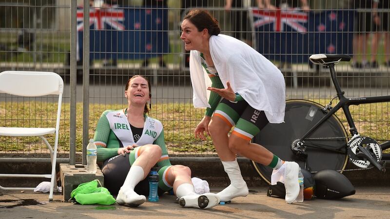 Katie-George Dunlevy and her pilot Eve McCrystal, react as they are told they have won gold in Rio. Photograph:  Diarmuid Greene/Sportsfile