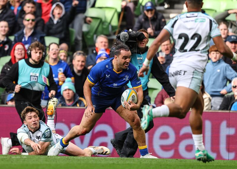 Leinster's James Lowe scores his side's 10th try to demolish Ospreys at the Aviva Stadium on Saturday. Photograph: Ben Brady/Inpho