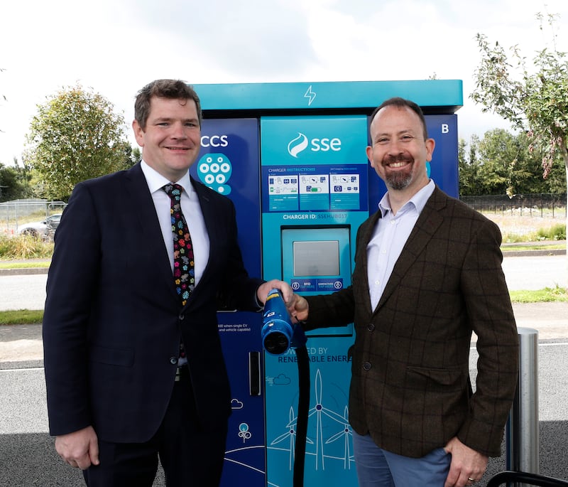 Minister for Enterprise Peter Burke and SSE's Sean O’Callaghan at the opening of SSE’s rapid EV charging hub in Mullingar, Co Westmeath