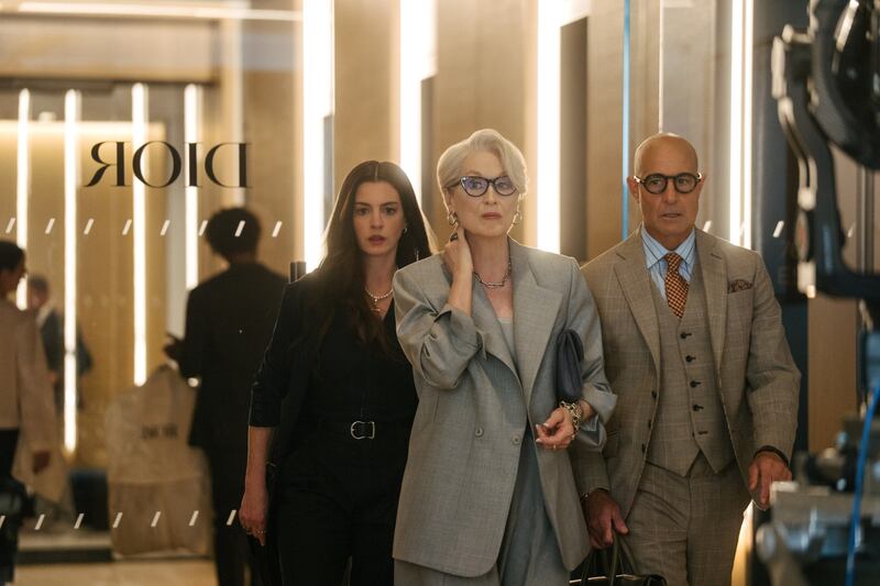 The Devil Wears Prada 2. Anne Hathaway as Andy, Meryl Streep as Miranda and Stanley Tucci as Nigel. Photograph: 20th Century Studios