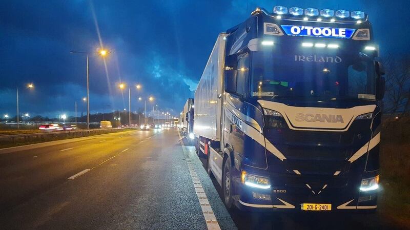 A lorry operated by Galway-based O’Toole Transport stuck in a traffic jam waiting for access to Folkestone