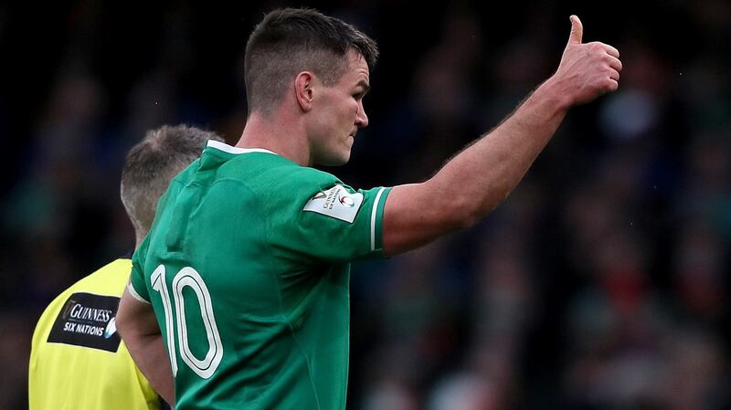 Johnny Sexton salutes the fans after being substituted. Photograph: Brian Lawless/PA Wire