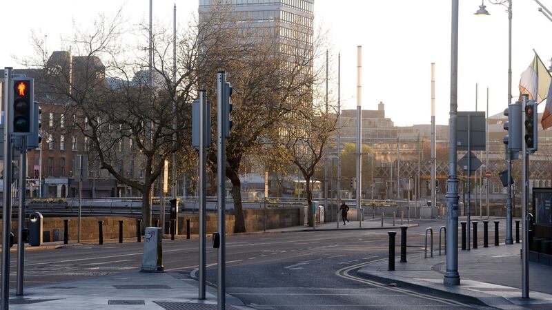 An empty Burgh Quay in Dublin city in April. File photograph: Dara Mac Dónaill