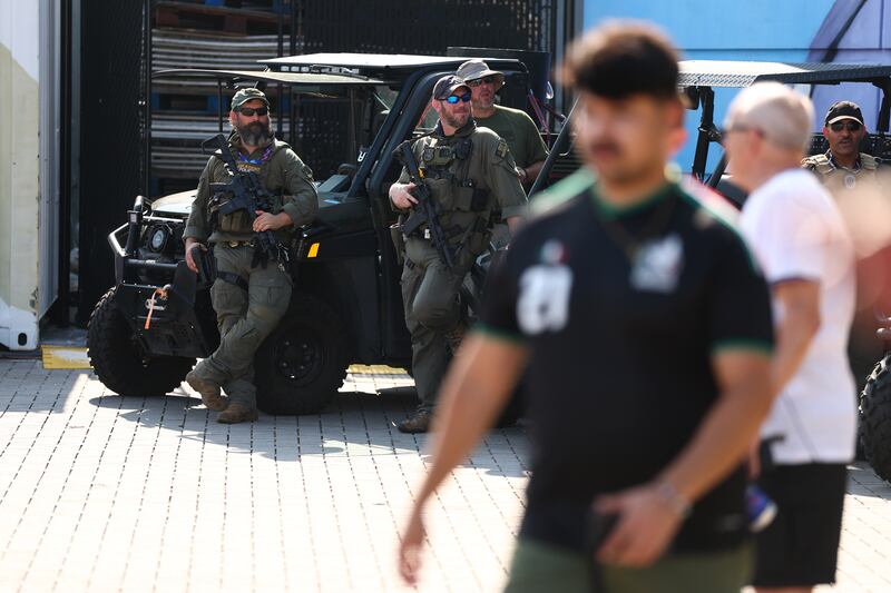 Armed police officers outside Atlanta Stadium ahead of the World Cup match between England and Democratic Republic of the Congo. Photograph: Robert Cianflone/Getty Images