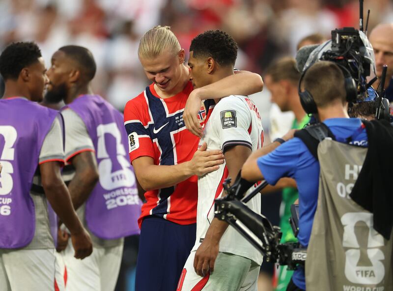 Jude Bellingham of England is congratulated by Norway's Erling Haaland after the game. Photograph: Richard Pelham/Getty Images