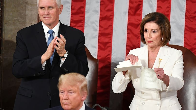 Nancy Pelosi rips a copy of US president Donald Trump’s State of the Union address. Photograph: Mandel Ngan/AFP via Getty Images