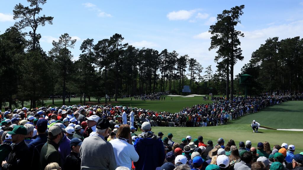 Rory McIlroy lines up a putt on the second hole during the final round of the Masters at Augusta National Golf Club. Photograph: Andrew Redington/Getty Images