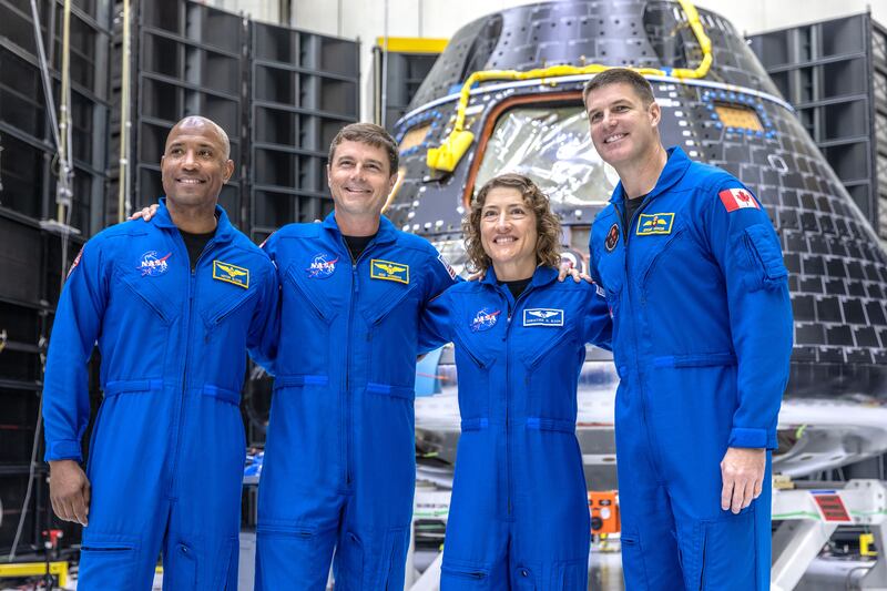 Astronauts Victor Glover, Reid Wiseman, Christina Hammock Koch and  Jeremy Hansen, members of the Artemis 2 crew, in front of Nasa's Orion spacecraft at the Kennedy Space Center in Titusville, Florida, on August 8th. Photograph: Cristobal Herrera-Ulashkevich/Shutterstock