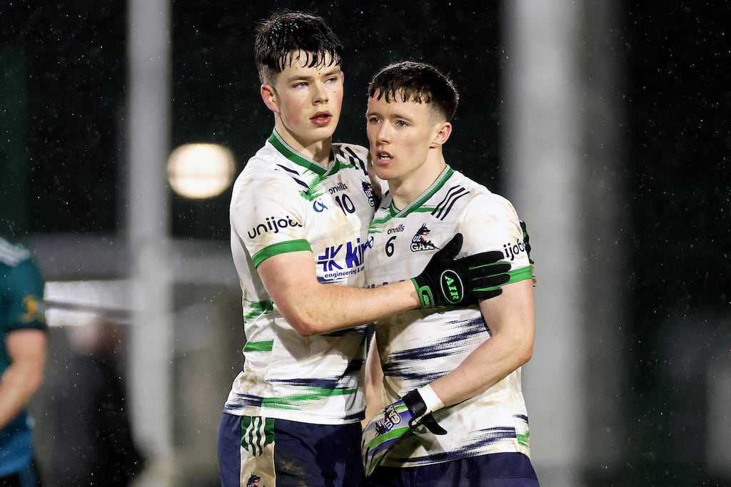 University of Limerick's Conal Dawson and Seán Morohan after their win over Maynooth University in the Sigerson Cup quarter-final on January 28th. Photograph: Laszlo Geczo/Inpho