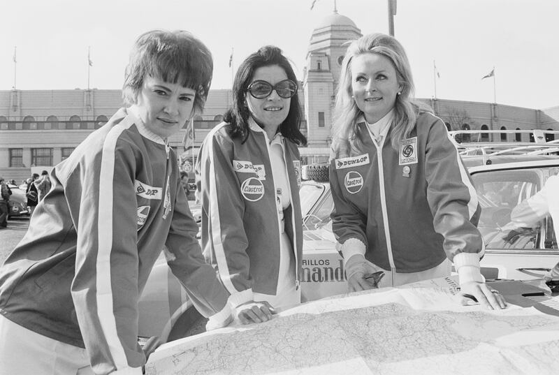 Drivers Alice Watson, Ginette Derolland and Rosemary Smith of the Evening Standard team ahead of the London-to-Mexico World Cup Rally in 1970. Photograph: Evening Standard/Hulton Archive/Getty Images