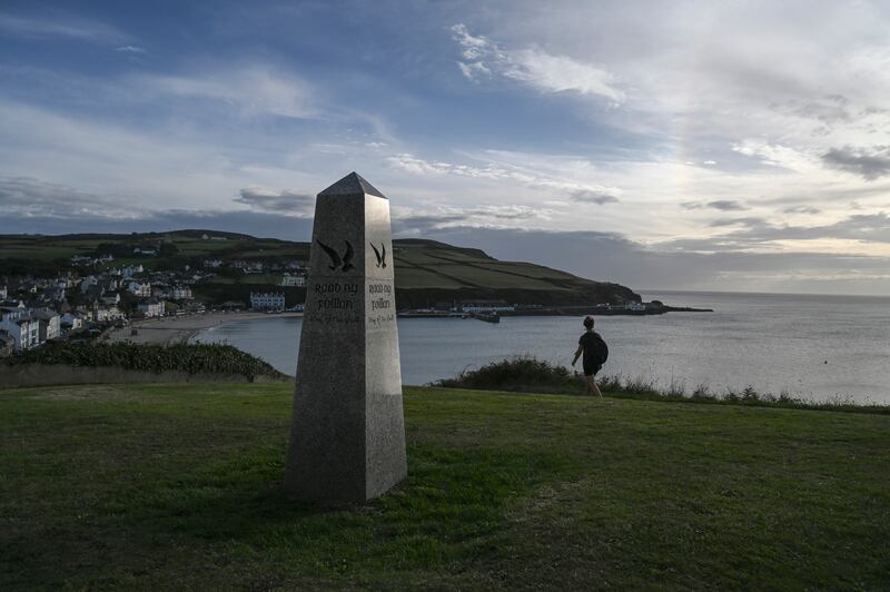 A coastal marker for 'Raad ny Foillan', Manx for 'The Way of the Gull', which is a path that goes around the island. Photograph: Mary Turner/The New York Times