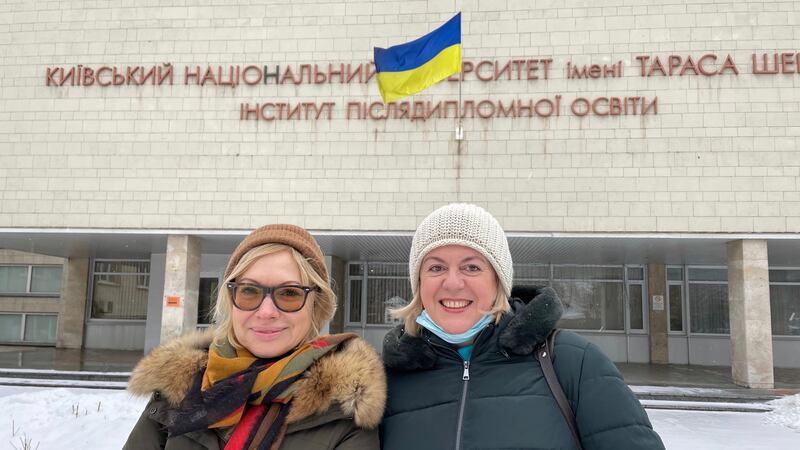Victoria Smits van Oyen (left) and Larisa Lebedenko at a course for women on wartime survival in urban areas. Photograph: Daniel McLaughlin