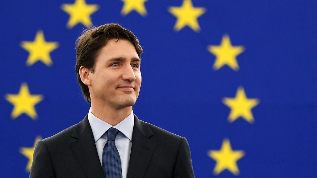 Canadian prime minister Justin Trudeau at the European Parliament: “We know that in these times we must choose to lead the international economy, not simply be subject to its whims,” he said.  sPhotograph: Frederick Florin/AFP/Getty Images