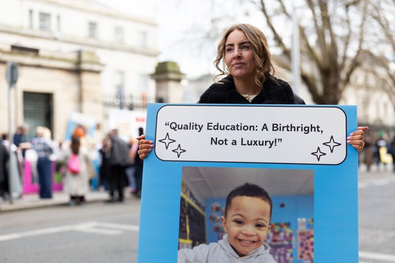 Erica Boyce at the Department of Education protest. She had applied to 12 schools for her son Marley (5) without success. Photograph: Sam Boal/Collins