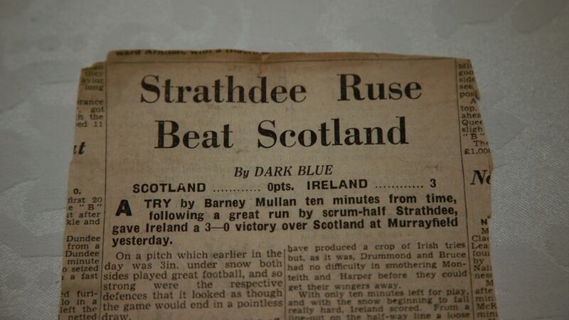 A newspaper report on Ireland’s victory over Scotland in the 1947 Five Nations in which Barney Mullan scored the winning try. Photograph: Nick Bradshaw