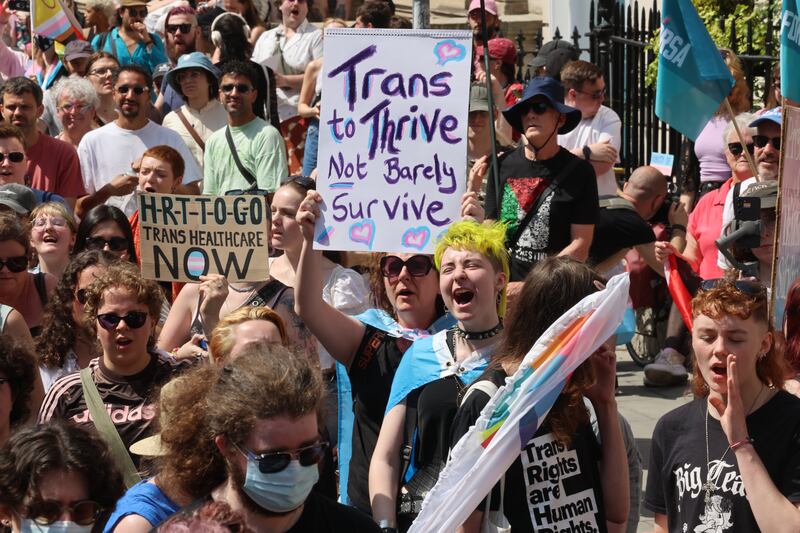 The crowd chanted “Our bodies, our lives, our right to decide” as people marched from City Hall to Leinster House. Photograph: Dara Mac Dónaill