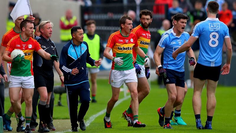 Dublin’s Diarmuid Connolly walks away from linesman Ciaran Branagan against Carlow. Photograph: Inpho