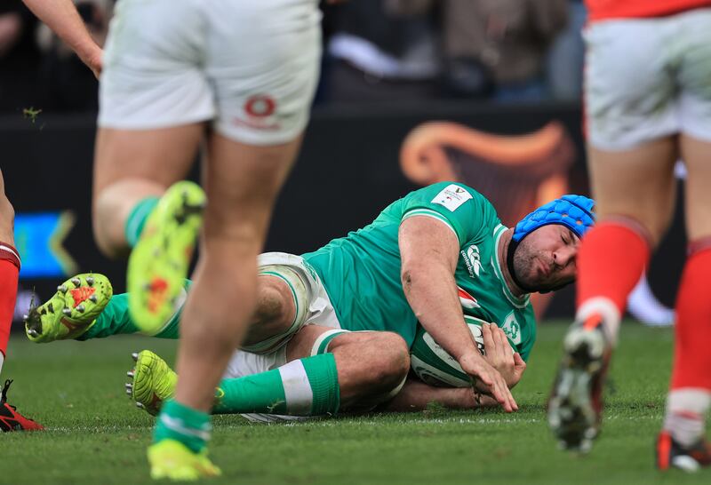 Ireland’s Tadhg Beirne scores his side’s fourth try against Wales. Photograph: Dan Sheridan/Inpho
