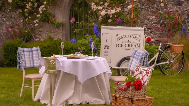 Adare Manor’s ultimate  picnic package includes the services of a picnic butler, Champagne, caviar, oysters and a macaron tower.