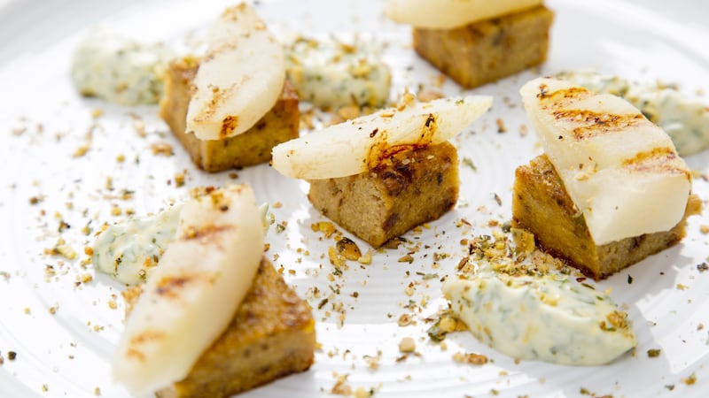 Gary O’Hanlon’s grilled pear with spiced walnut polenta cake and tarragon orange aioli