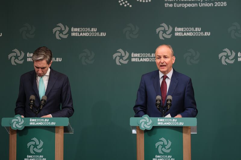 Taoiseach Micheál Martin and Tánaiste Simon Harris at the launch of the policy programme for the Ireland holding the EU presidency. Photograph: Dara Mac Dónaill/The Irish Times