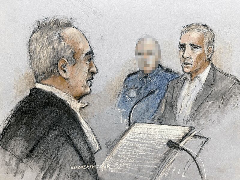 Jonathan Dowdall being cross examined by Mr Hutch's defence barrister, Brendan Grehan SC during the trial. Sketch by court artist Elizabeth Cook
