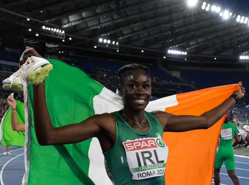 Rhasidat Adeleke celebrates finishing second in the women's 4x400m relay final at the European Athletics Championships 2024 in Rome.
 Photograph: Silvia Lore/Getty Images