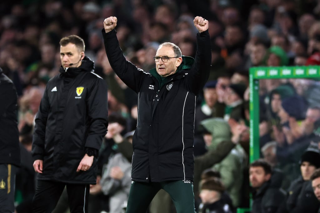 Interim manager Martin O'Neill celebrates Celtic's third goal. Photograph: Ian MacNicol/Getty Images