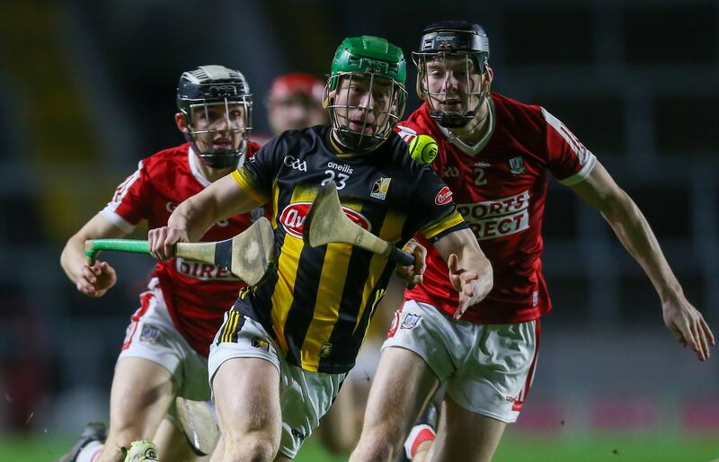 Kilkenny's Martin Keoghan in action against Cork's Eoin Downey during the Allianz Hurling League Division 1A game at SuperValu Páirc Uí Chaoimh. Photograph: Ken Sutton/Inpho
