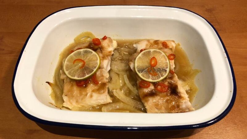 By the time the fish is done the onion will have cooked in the stock, giving a delicious broth