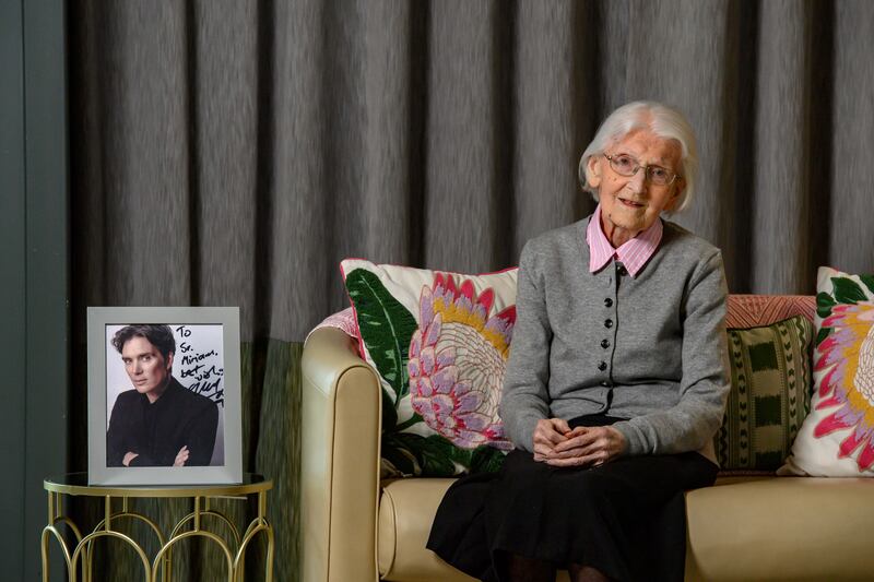 Sister Miriam Twohig pictured with the signed photo her distant cousin Cillian Murphy sent to mark her 100th birthday. Photograph: Daragh Mc Sweeney/Provision