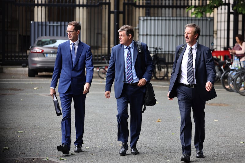 Adrian Lynch, RTÉ's acting deputy director general, Kevin Bakhurst, RTÉ's director general and Richard Collins, RTÉ's chief financial officer  arrive at Leinster House prior to today's Public Accounts Committee.
Photograph: Dara Mac Dónaill







