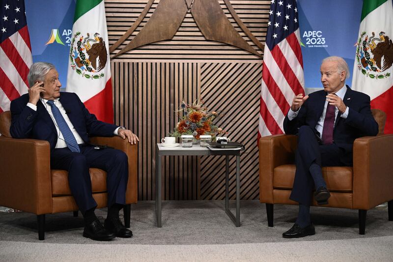 Mexican president Andrés Manuel López Obrado and US president Joe Biden during a meeting in November. Photograph: Brendan Smialowski/AFP