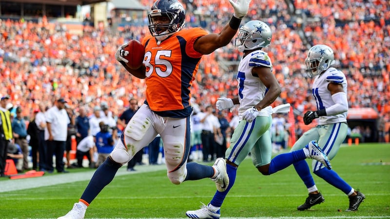Virgil Green scores for the Denver Broncos during their win over the Dallas Cowboys. Photograph: Dustin Bradford/Getty