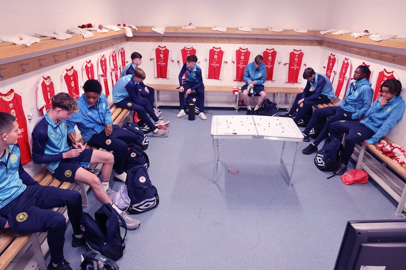 St Pat's under-15s in the dressingroom before their match against Dundalk at TU Dublin, Blanchardstown. Photograph: Dara Mac Dónaill/The Irish Times