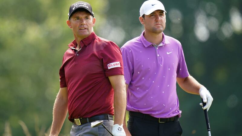 Pádraig Harrington and Scottie Scheffler on the fourth hole during the third round of the  Scottish Open. Photograph:  Jane Barlow/PA Wire