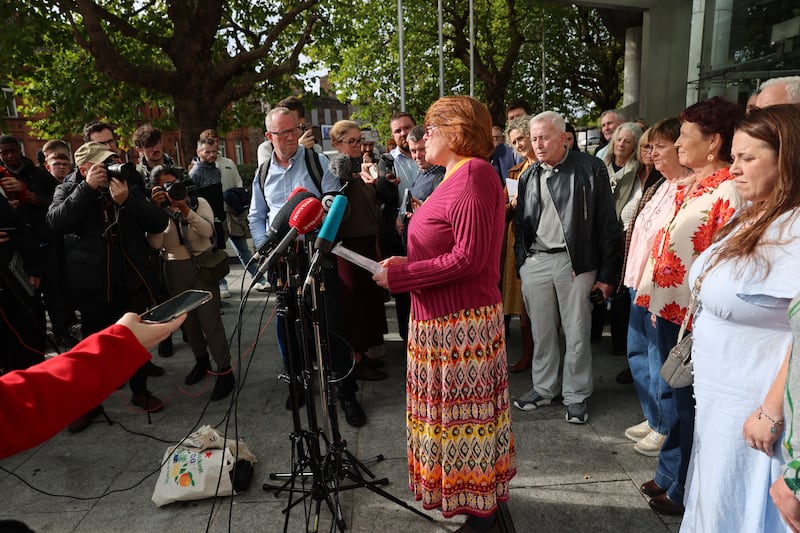 Orla Poole speaking to the media outside the Criminal Courts of Justice after George Gibney was sentenced to more than 15 years in prison.
Photograph: Dara Mac Dónaill / The Irish Times