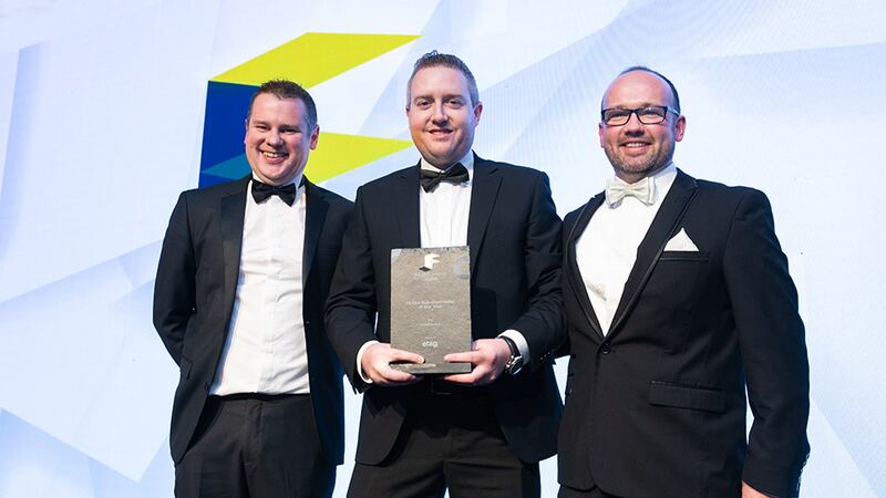 Shaun Bonner, group sales director, Etag Fixings Ltd, presents the Fit Out Sub-Contractor of the Year award to Tomás Mac Eoin and Paul McKenna, Hereworks.