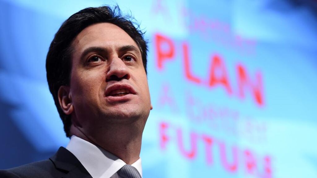 Britain’s Labour Party leader Ed Miliband delivers a speech at his party’s manifesto launch in Manchester. Photograph: Andy Rain/EPA